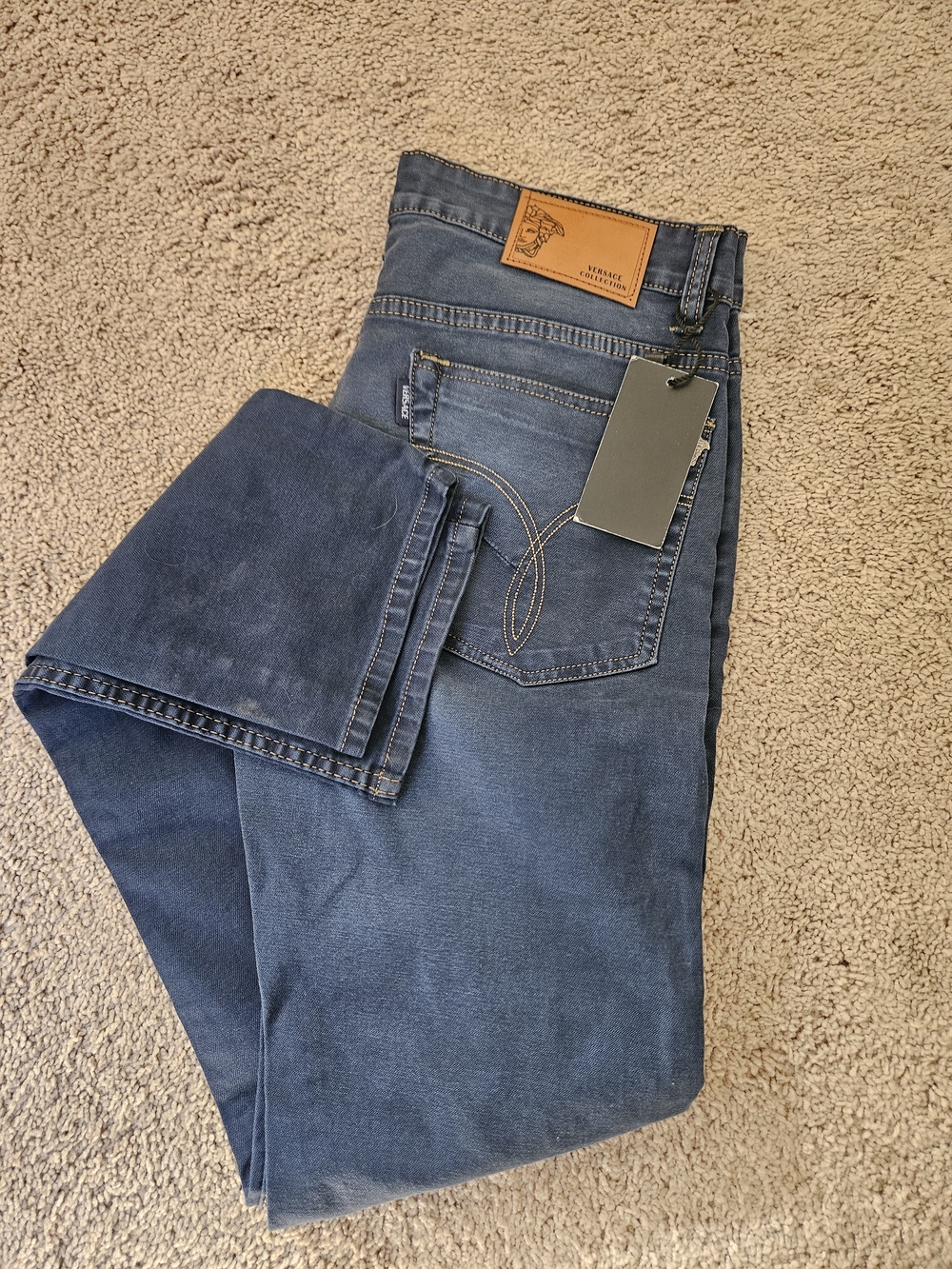 Versace Collection Dark Blue Straight Jeans with Branded Patch